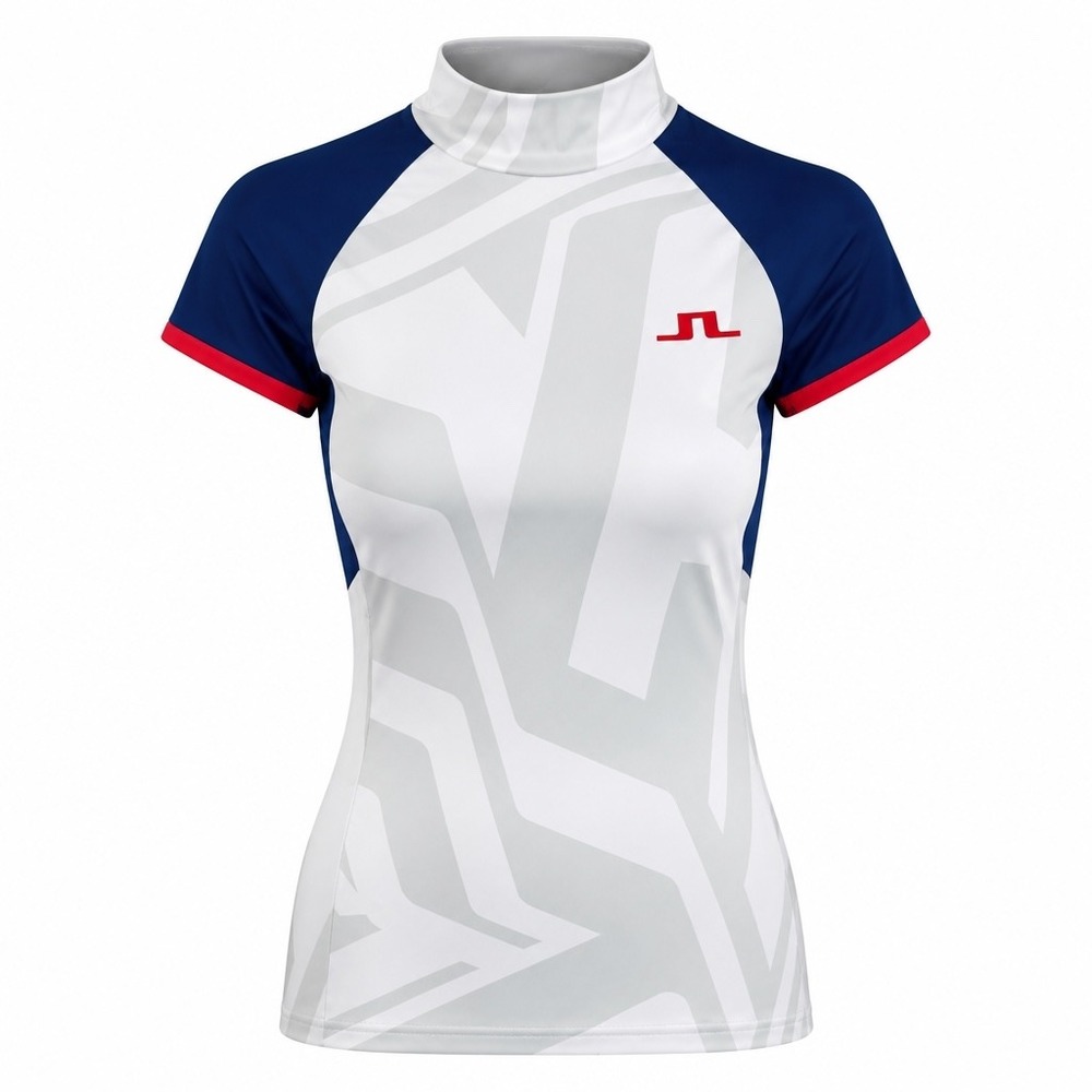 J.Lindeberg Yvette Golf Top White Navy Red Geometric Mock Neck GWJT11742 NWT S